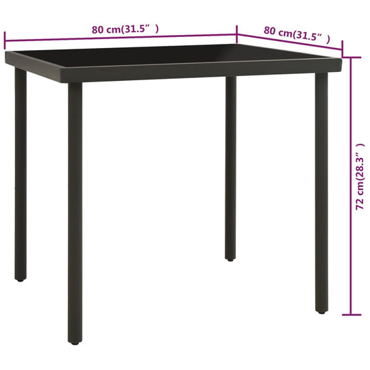 Outdoor dining table in anthracite with glass top, measuring 80x80x72 cm, featuring durable powder-coated steel legs.