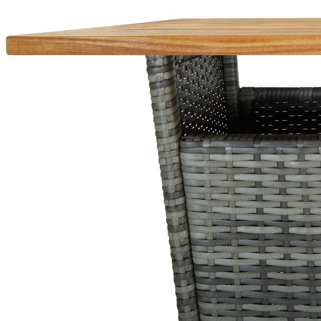 Grey bar table featuring a solid acacia wood top and weather-resistant poly rattan base, perfect for outdoor dining.