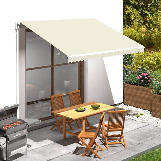 Awning top sunshade canvas in cream color over a patio dining set, providing UV protection for outdoor furniture.