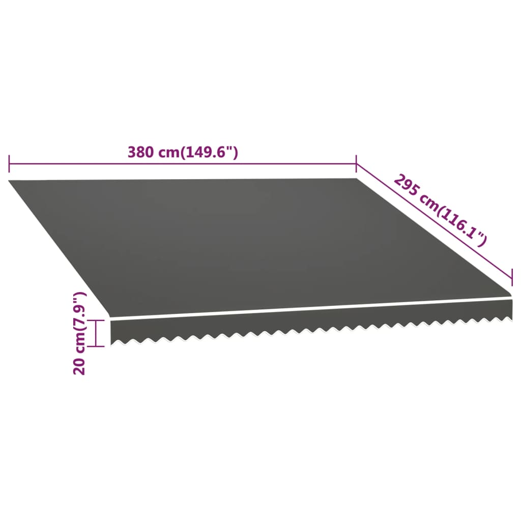 Awning top canvas dimensions 380 cm x 295 cm x 20 cm, anthracite color, perfect for outdoor furniture and shading.