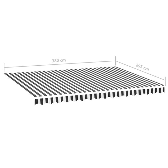 Replacement fabric awning in anthracite and white, measuring 4x3 m, showcasing dimensions and design.