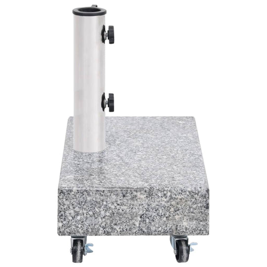 Granite umbrella base with stainless steel tube and wheels for stable patio and garden furniture setups.