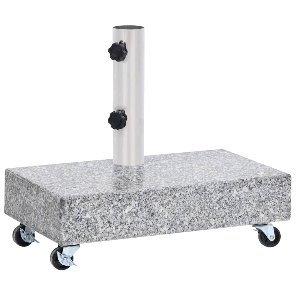 Granite umbrella base with wheels and stainless steel tube, ideal for outdoor and patio furniture stability in garden settings.