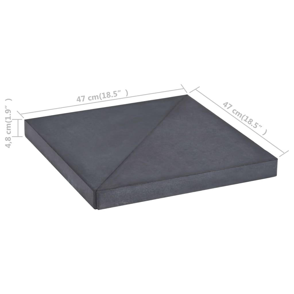 Umbrella weight plate in black granite, square design, dimensions 47 x 47 cm, providing stability for outdoor furniture.