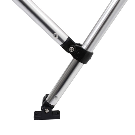 Bow Bimini Close-up of adjustable metal frame joint for a bimini top, showcasing durability and stability in outdoor furniture.