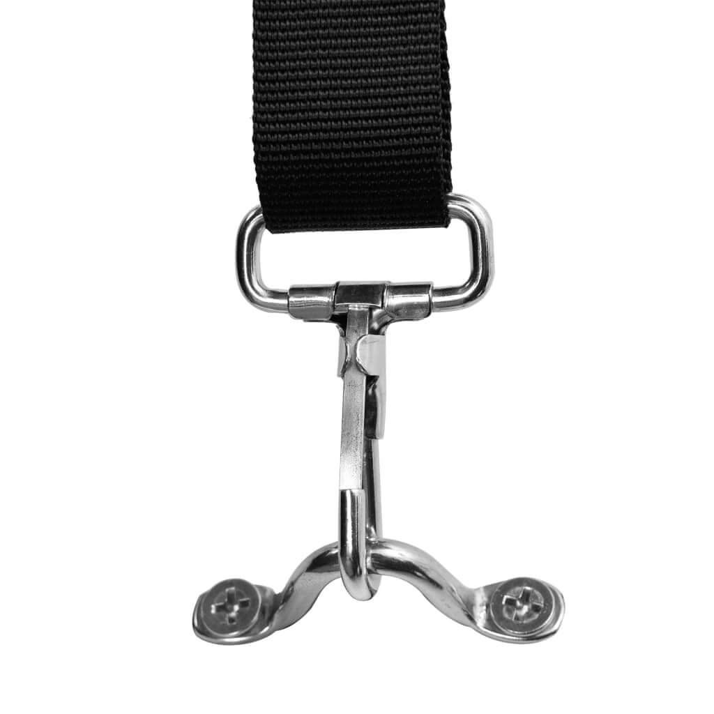 Bow Bimini Close-up of a durable stainless steel clip with black strap for securing outdoor furniture, tents, or bimini tops.