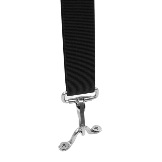 Bow Bimini Black bimini top strap with metal hook attachment for secure outdoor use. Ideal for boats and tents.