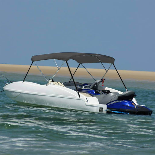 Bow Bimini  Boat with 3-bow bimini top navigating on water, providing shade and protection for outdoor activities.