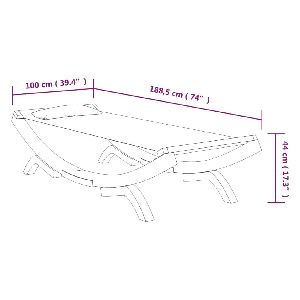 Dimensions of outdoor lounge bed 100x188.5x44 cm, solid bent wood frame, perfect for garden or patio relaxation.