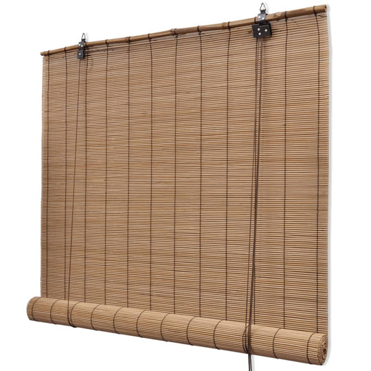 Bamboo Roller Blinds  pcs hanging from brackets, showcasing natural bamboo texture and ability to filter light.