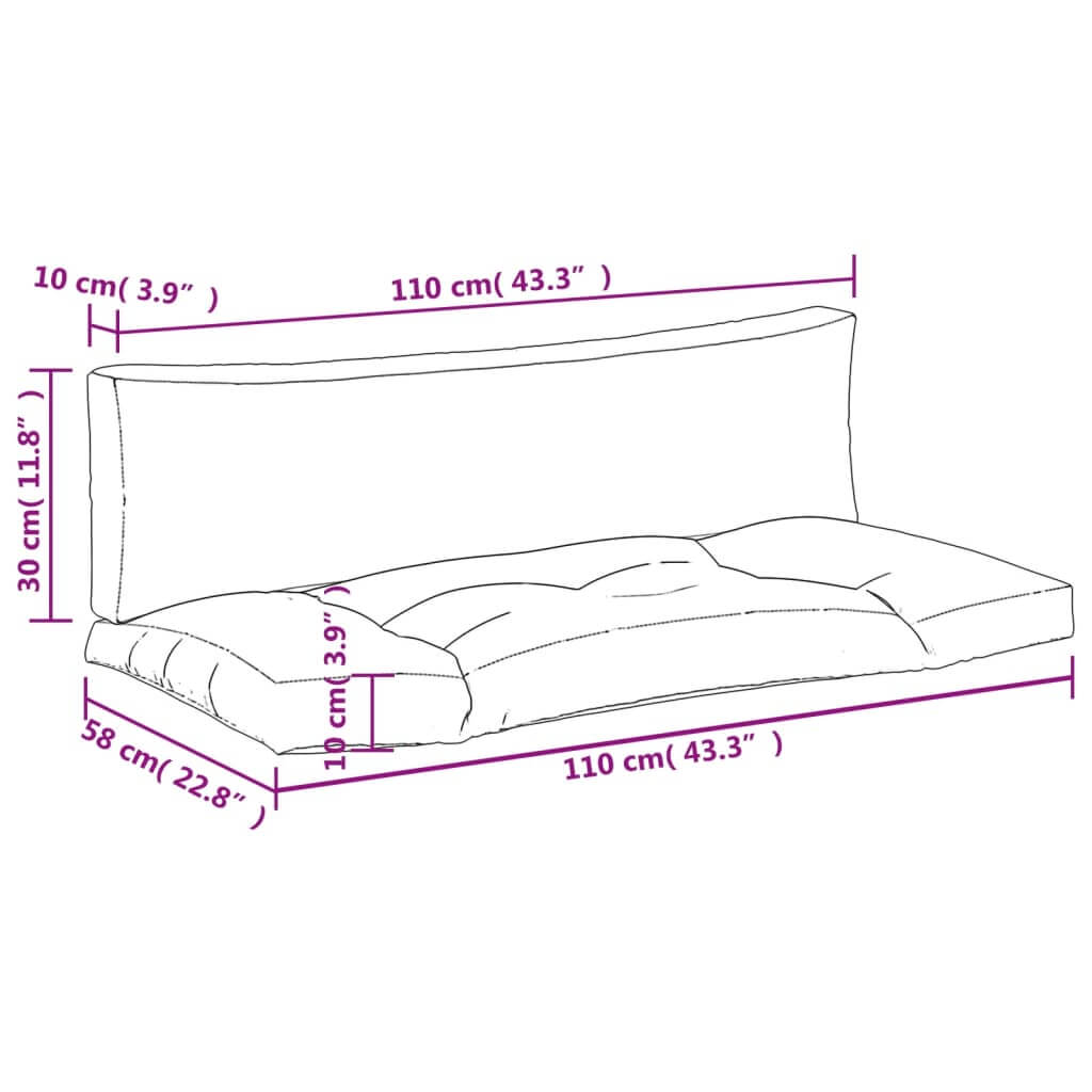 Dimensions diagram of outdoor pallet cushions with backrest, featuring length, width, and height in centimeters and inches.