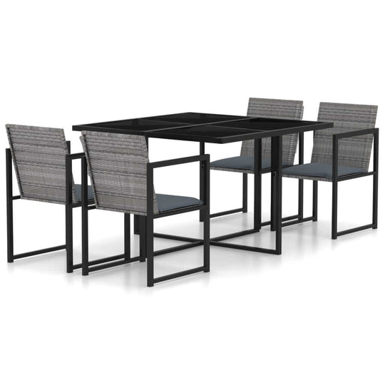 5 Piece outdoor dining set with grey cushions, featuring a powder-coated steel frame and tempered glass tabletop.