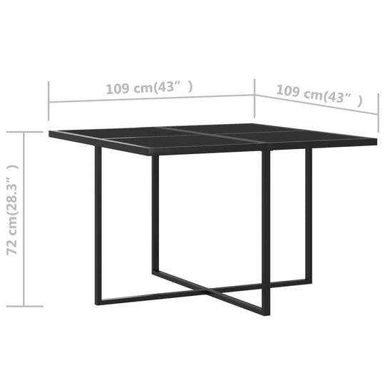 Dimensions of a stylish outdoor dining table, 109 cm x 109 cm, height 72 cm, featuring a modern black frame and tempered glass top.