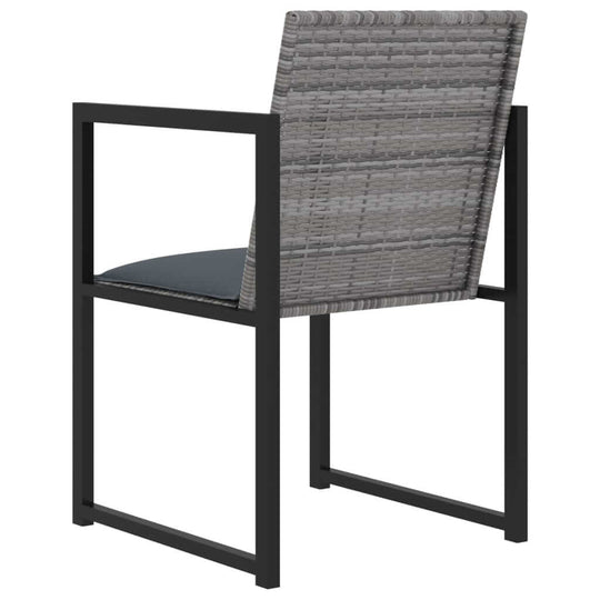 Grey poly rattan outdoor dining chair with cushions and sturdy powder-coated steel frame for al fresco dining.