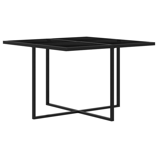 Modern black square dining table with sleek design and sturdy metal frame for outdoor or indoor use.