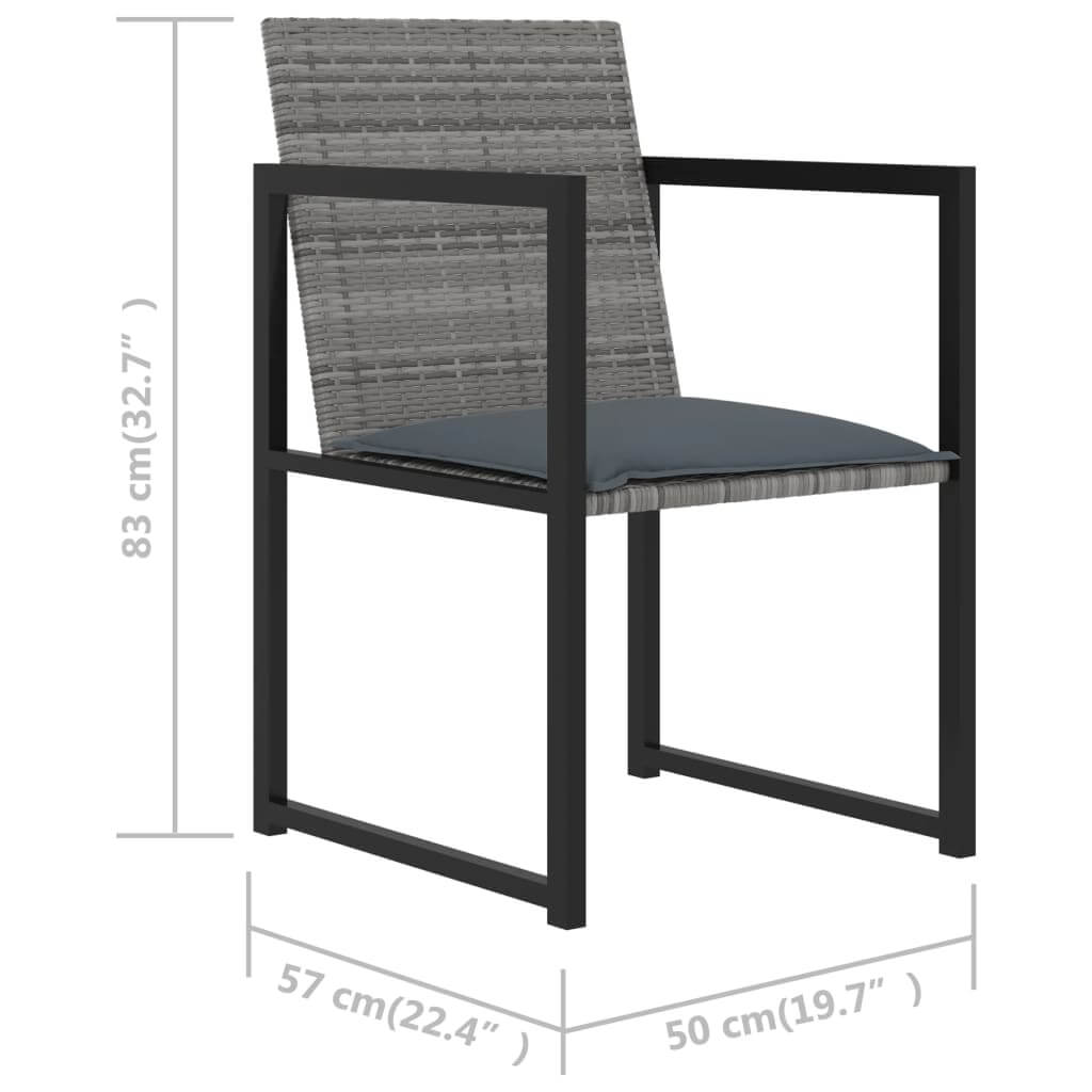 Grey outdoor dining chair with cushions, durable poly rattan and steel frame, perfect for patios and gardens.