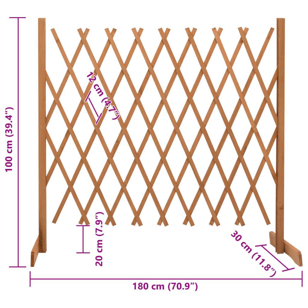 Garden trellis fence in solid firwood, dimensions 180x100 cm, expands for privacy and climbing plant support.