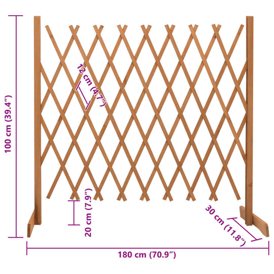 Garden trellis fence in solid firwood, dimensions 180x100 cm, expands for privacy and climbing plant support.