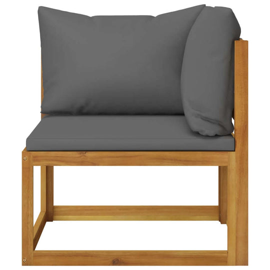 Comfortable acacia wood garden lounge chair with thick gray cushions, perfect for outdoor relaxation.