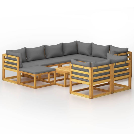 10 Piece Garden Lounge Set with Cushion Solid Acacia Wood featuring thick cushions and a wooden frame.
