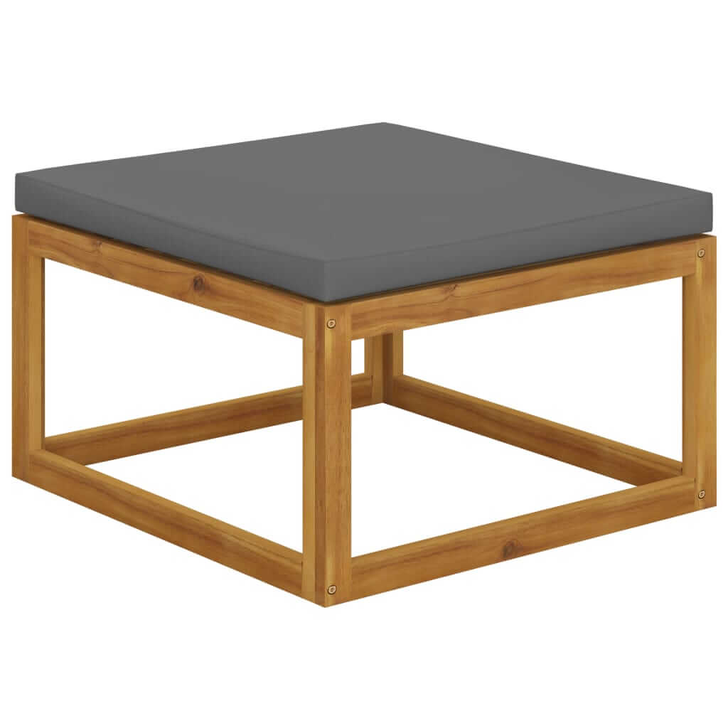 Solid acacia wood lounge table with removable gray cushion, suitable for outdoor use in garden furniture settings.