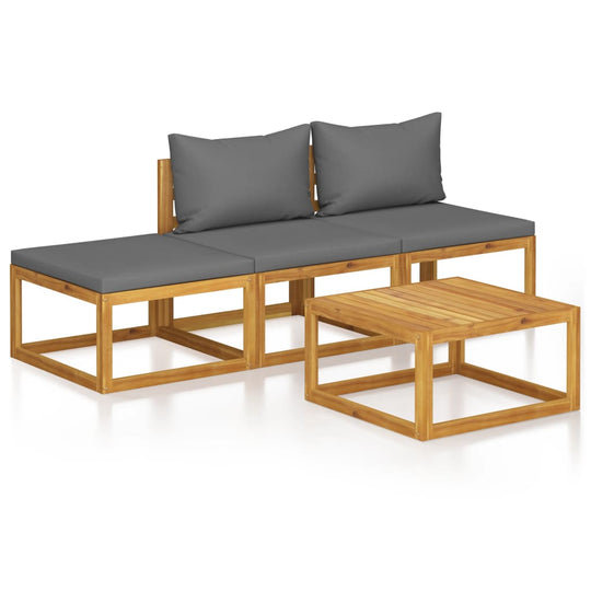 4 Piece Garden Lounge Set with Cushion Solid Acacia Wood, includes sofa and coffee table with gray cushions.