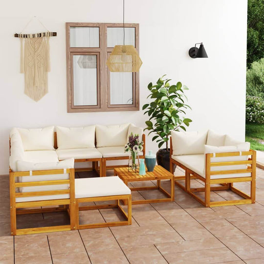 10 Piece garden lounge set with cushions in solid acacia wood, perfect for outdoor seating and relaxation.