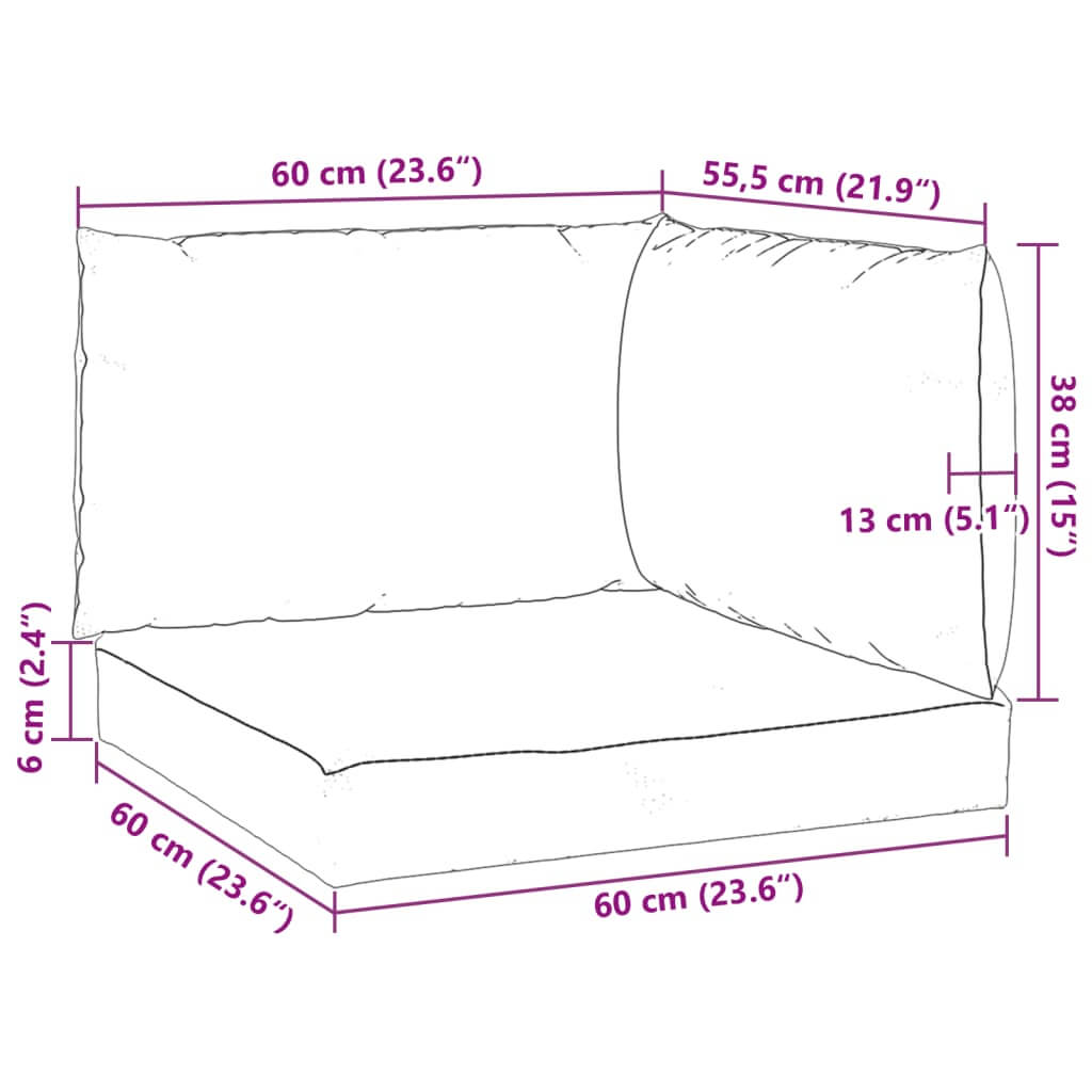 Dimensions and design of Pallet Cushions 3 pcs Oxford Fabric with thickness and measurements in centimeters and inches.