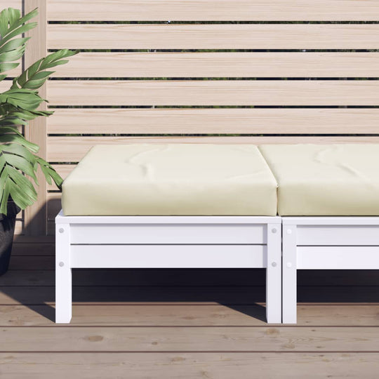 Beige pallet cushion on white outdoor bench, ideal for patio and garden furniture, enhancing outdoor living space comfort.