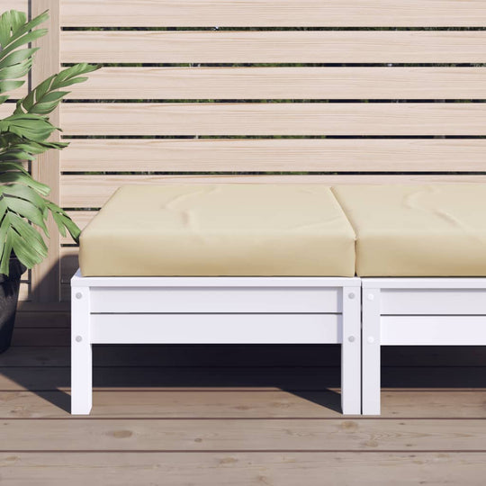 Outdoor patio furniture with beige pallet cushion on white frame, ideal for modern home and garden settings.