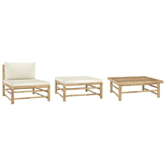 3 Piece Garden Lounge Set with Cream White Cushions Bamboo