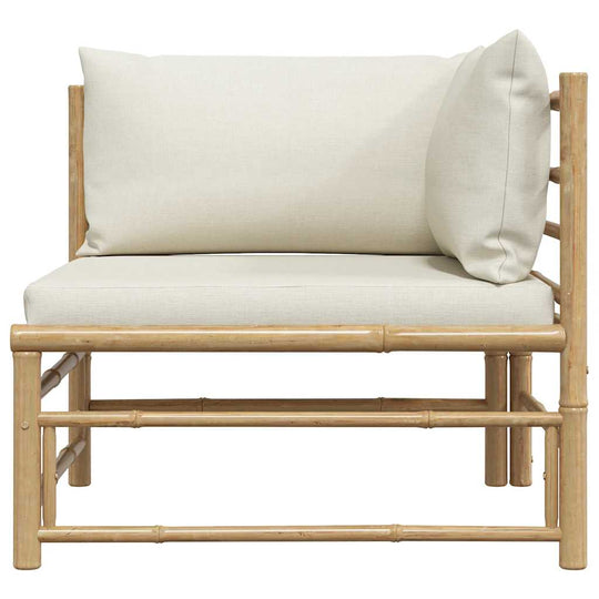 Garden Corner Sofa – Bamboo with Cream Cushions Outdoor Seating featuring a sturdy bamboo frame and cream cushions.