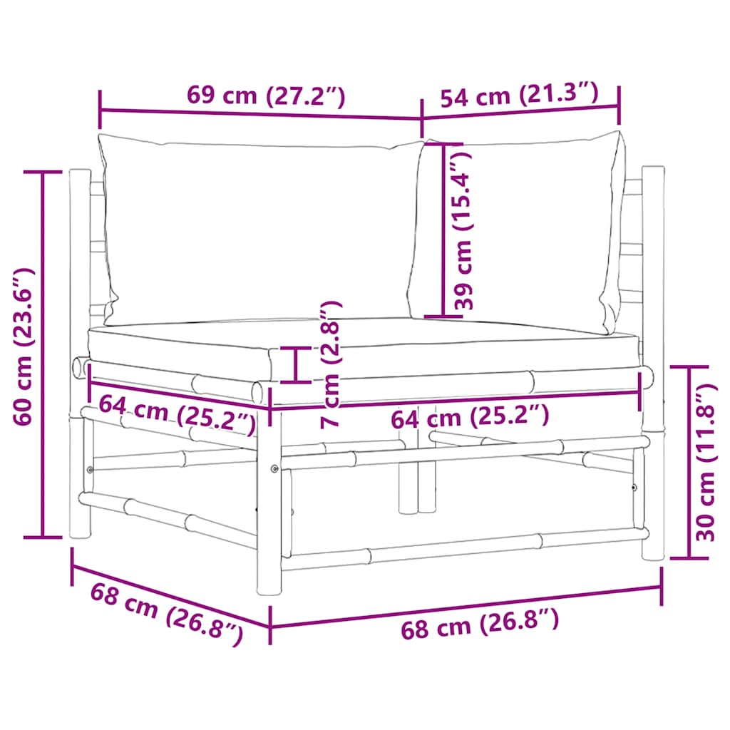 Garden Corner Sofa – Bamboo with Cream Cushions Outdoor Seating dimensions and specifications diagram.
