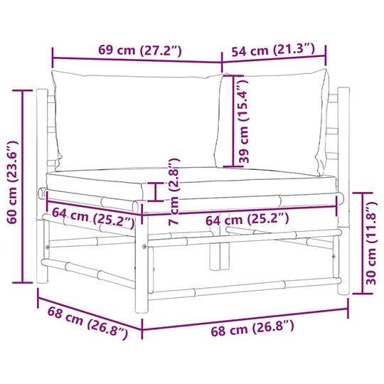 Garden Corner Sofa – Bamboo with Cream Cushions Outdoor Seating dimensions and specifications diagram.