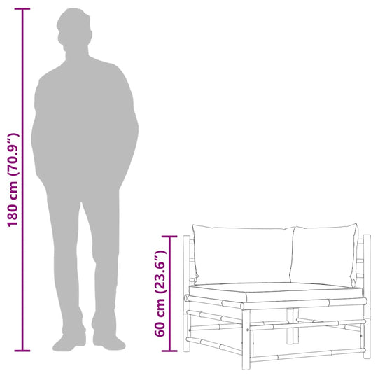 Garden Corner Sofa – Bamboo with Cream Cushions Outdoor Seating dimensions, showing height and width with man for scale.