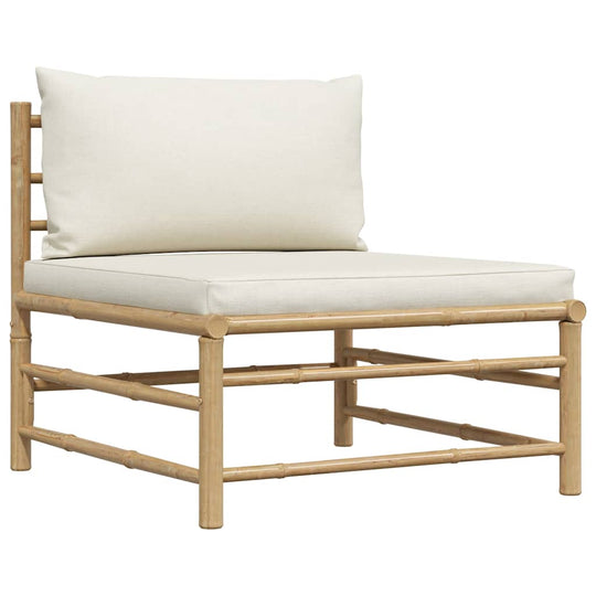 Garden Middle Sofa with Cream  Cushions Bamboo design featuring a bamboo frame and thick cream cushions for outdoor comfort.