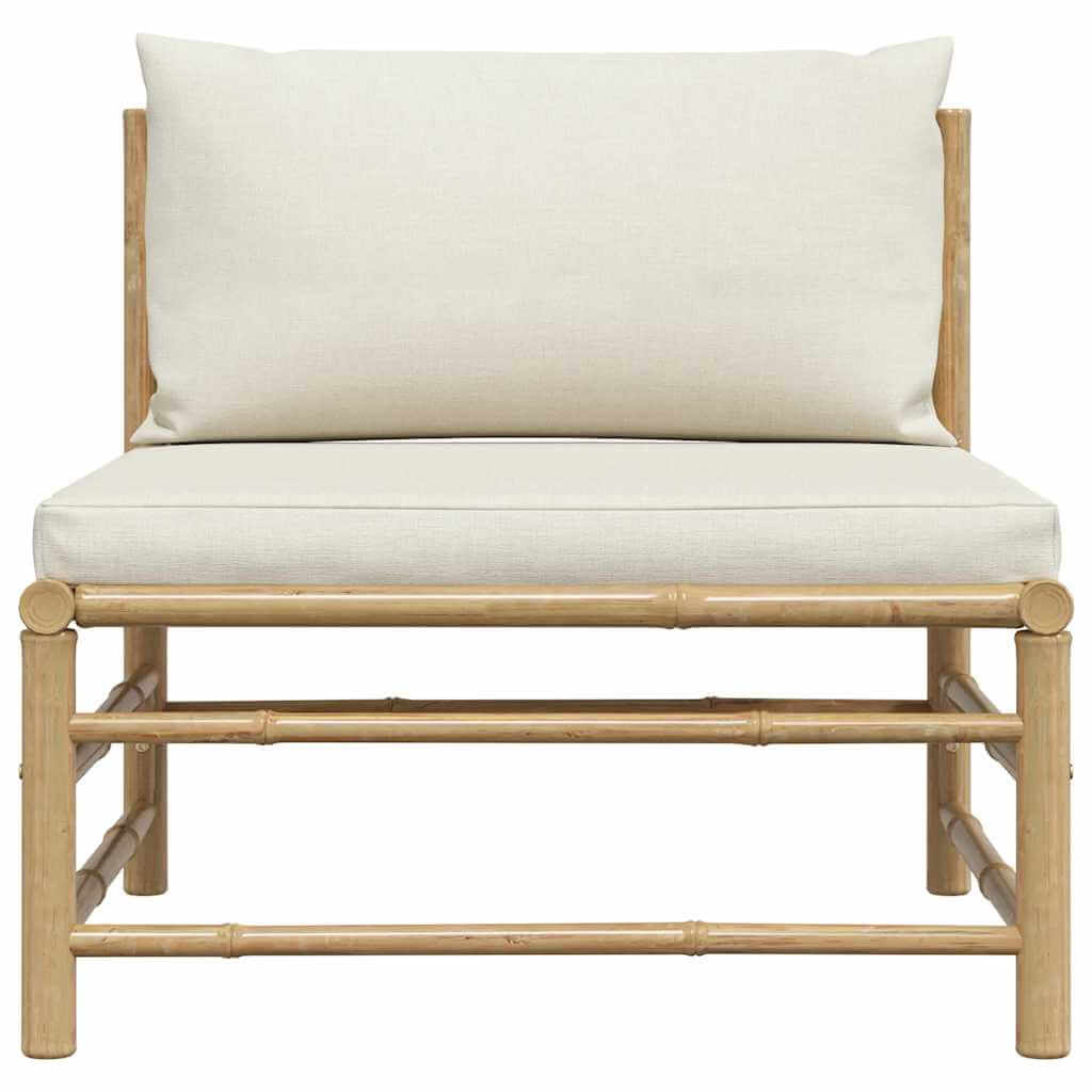 Garden Middle Sofa with Cream Cushions Bamboo, outdoor seating with bamboo frame and thick cushions.