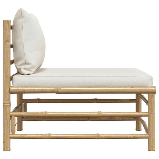 Garden Middle Sofa with Cream Cushions Bamboo shown from the side, featuring bamboo frame and cream cushions for comfort.