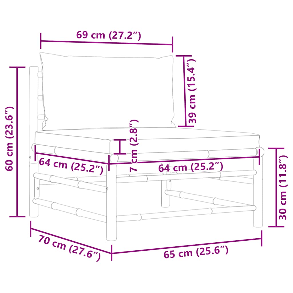 Garden Middle Sofa with Cream Cushions Bamboo dimensions illustration showing size measurements.