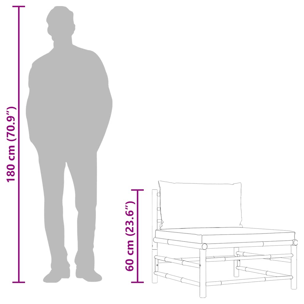 Garden Middle Sofa with Cream Cushions Bamboo with dimensions and human silhouette for scale.