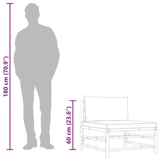 Garden Middle Sofa with Cream Cushions Bamboo with dimensions and human silhouette for scale.