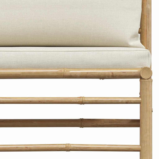 Garden Middle Sofa with Cream Cushions Bamboo close-up showing bamboo frame and thick cream cushions.