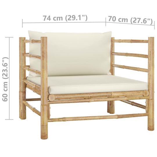 Garden sofa with cream white cushions, bamboo frame, dimensions 74x70x60 cm, ideal for outdoor lounging and comfort.