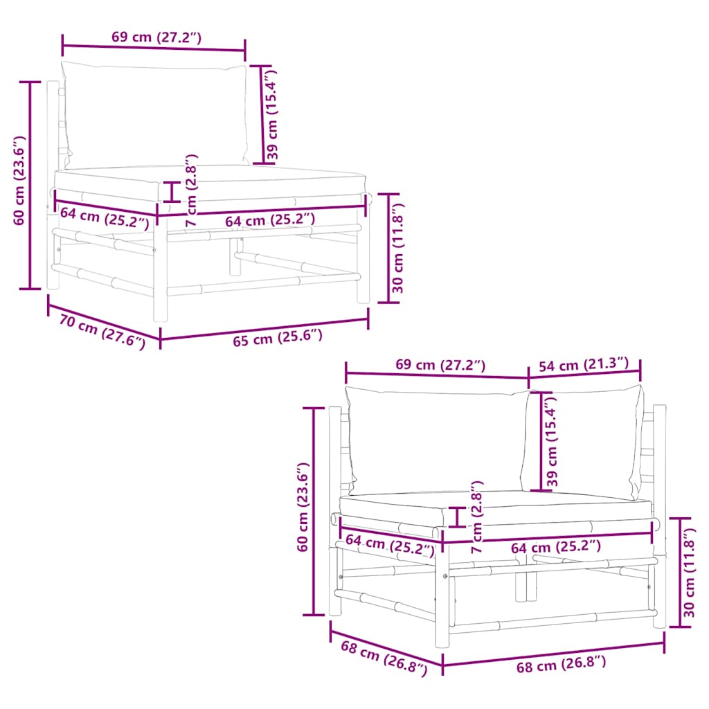2 Piece Garden Lounge Set with Dark  Cushions Bamboo