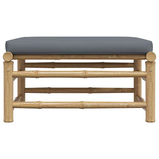 Garden Footrest with Dark Cushion Bamboo on white background, featuring sturdy bamboo construction and padded dark cushion for outdoor seating.