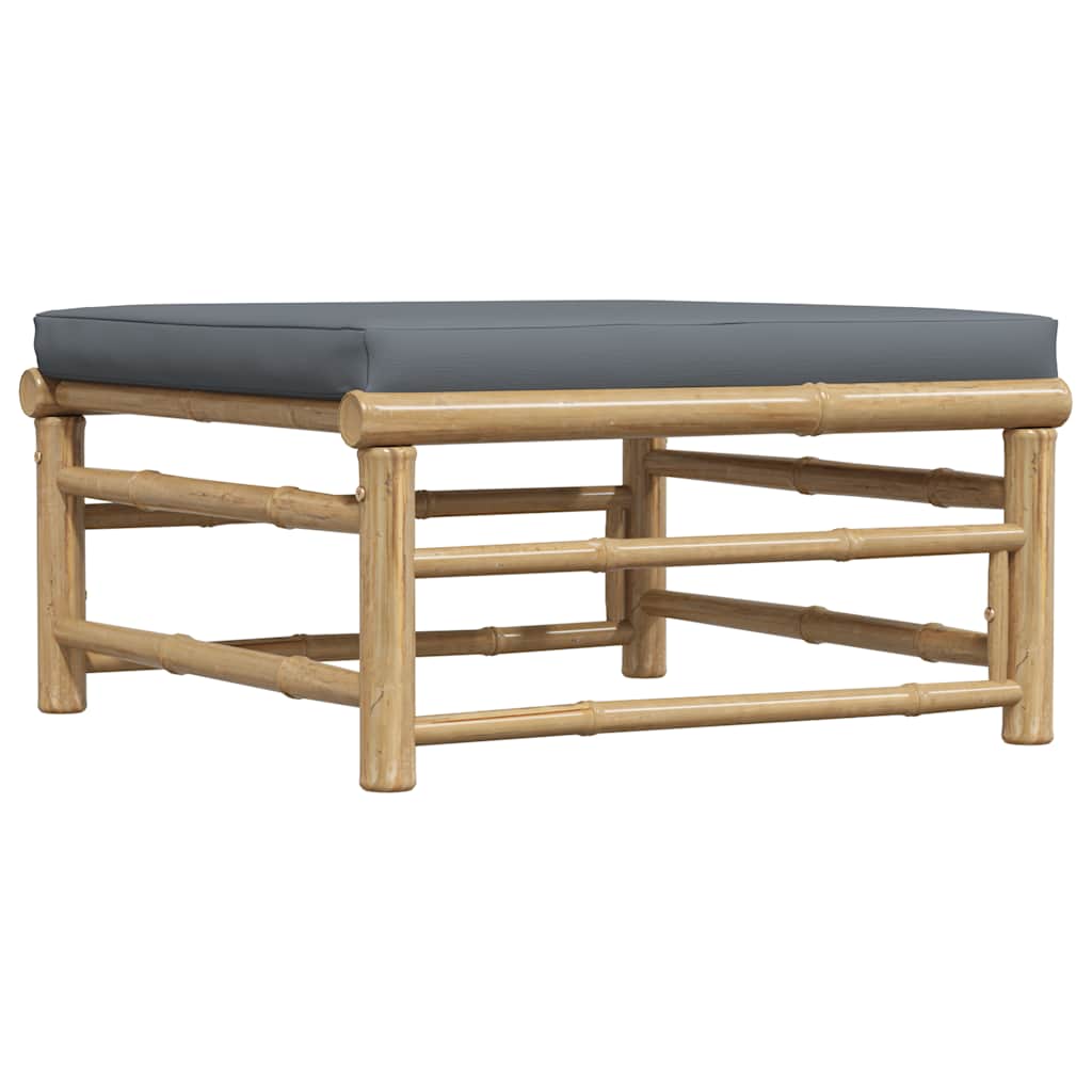 Garden Footrest with Dark Cushion Bamboo on white background, showcasing its sturdy bamboo construction and thick padded dark cushion.