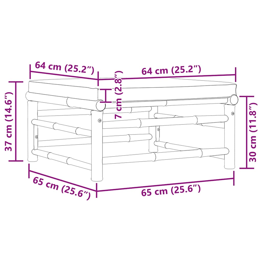 Dimensions diagram of Garden Footrest with Dark Cushion Bamboo showing measurements in cm and inches.