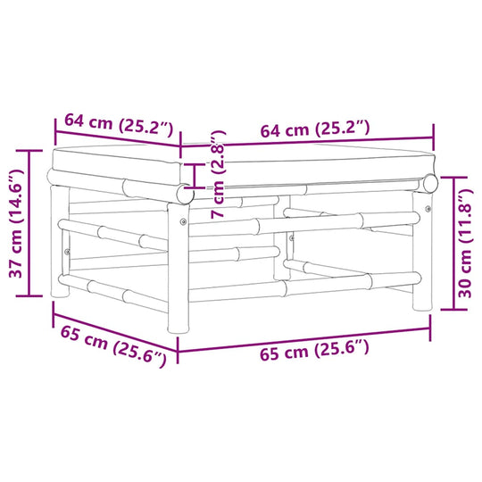 Dimensions diagram of Garden Footrest with Dark Cushion Bamboo showing measurements in cm and inches.