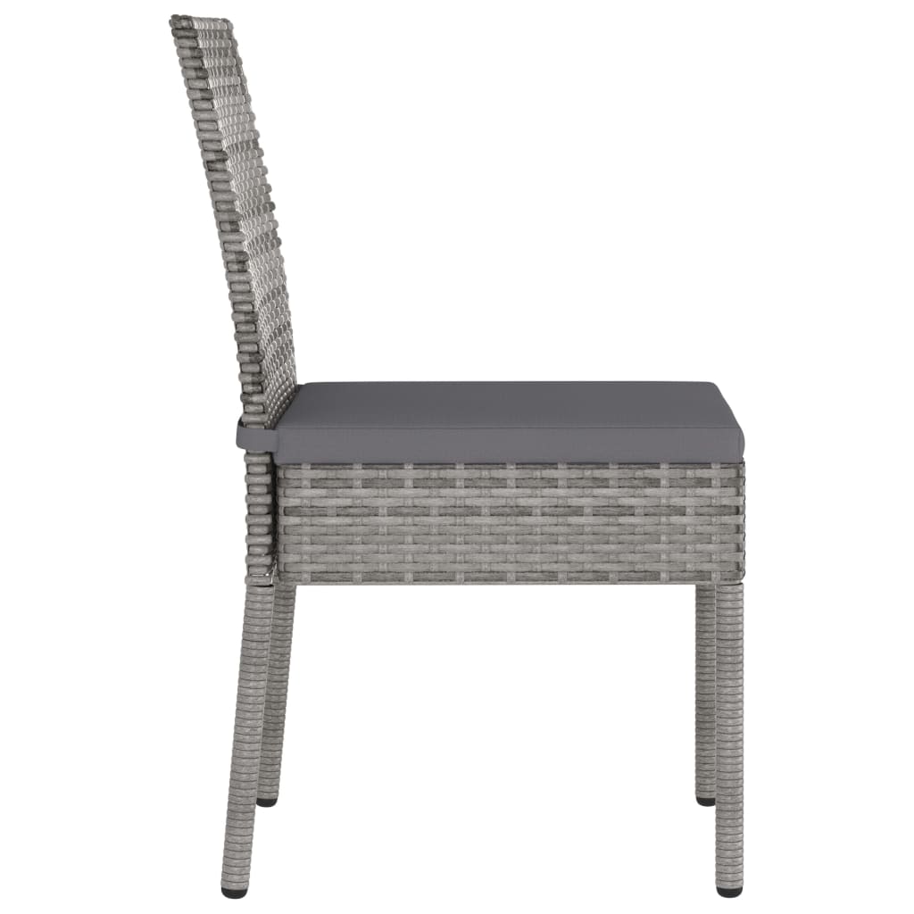 Side view of a modern grey poly rattan garden dining chair with a durable black steel frame, ideal for outdoor furniture.