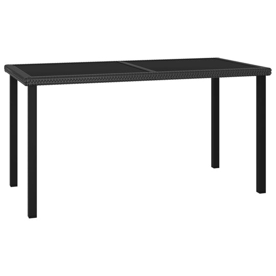 Garden dining table in black poly rattan with tempered glass top, perfect for outdoor furniture in patios or gardens.